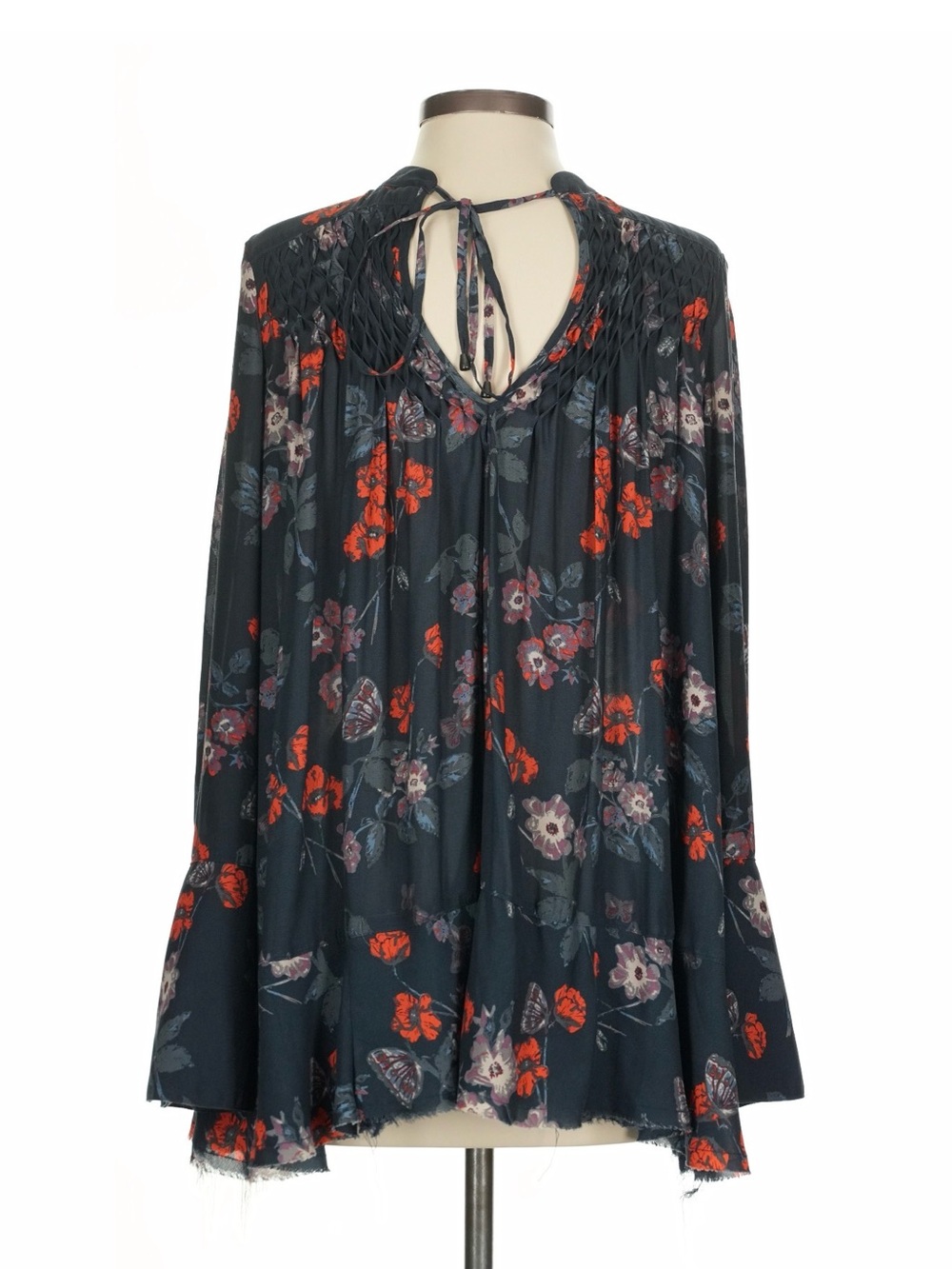 Free People Black Floral Tie-Back Bell-Sleeve Mini Dress - Picture 3 of 4